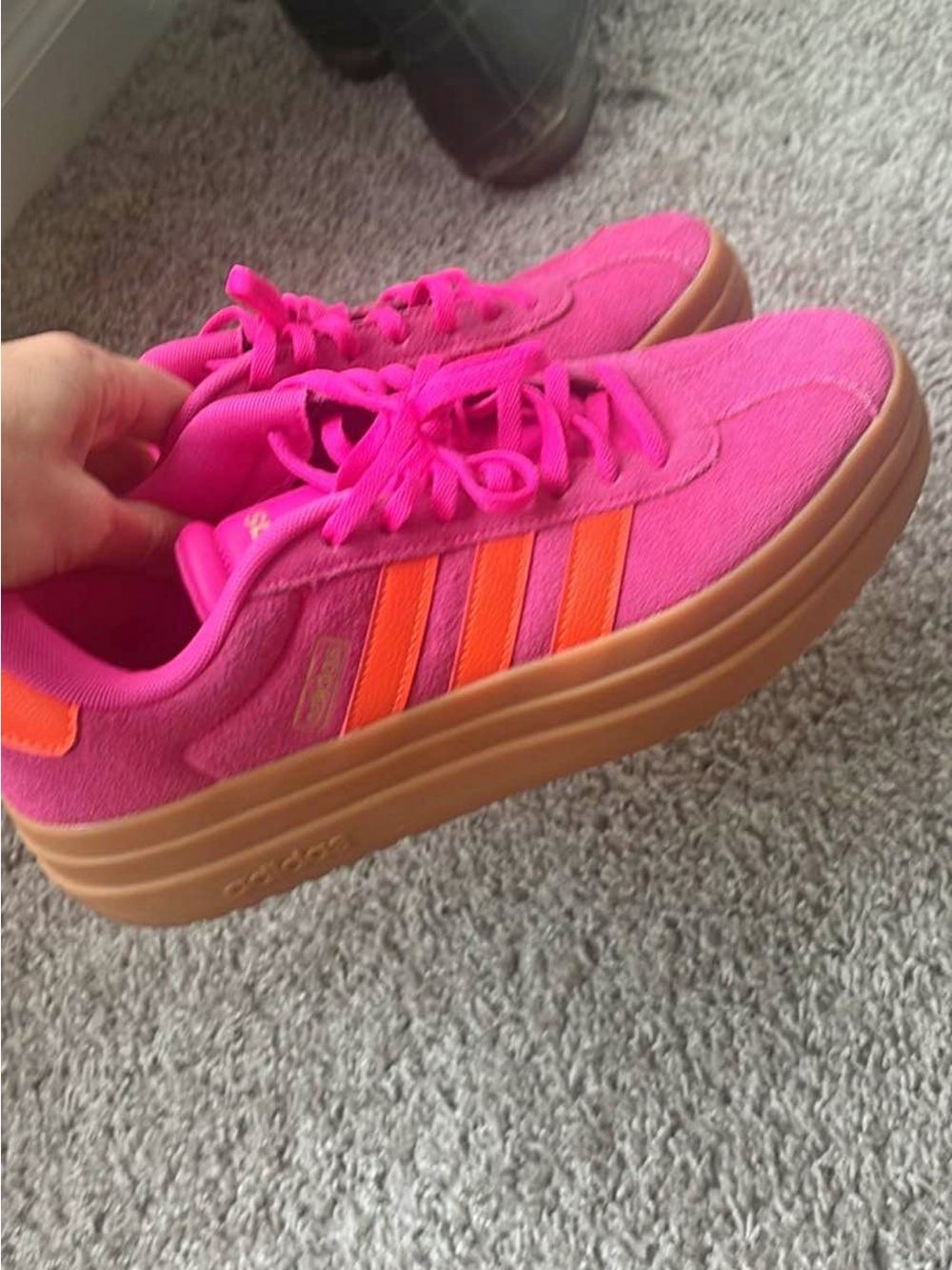 adidas Pink Suede Sneakers with Orange Stripes and Gum Sole